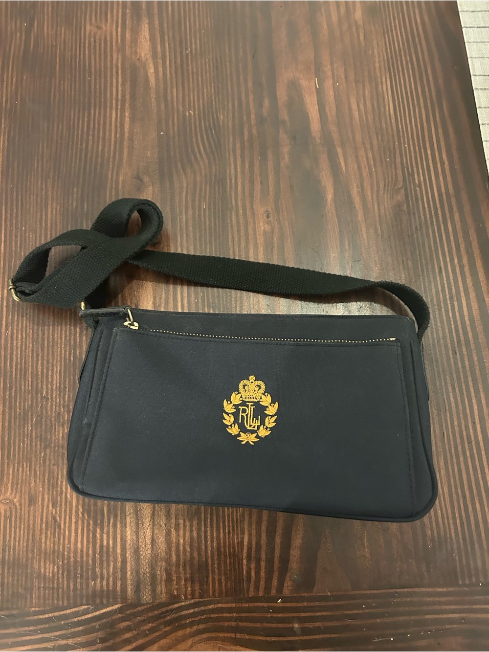 Lauren Ralph Lauren Polo Small Navy Blue Shoulder Bag With Gold Logo Crest Y2K